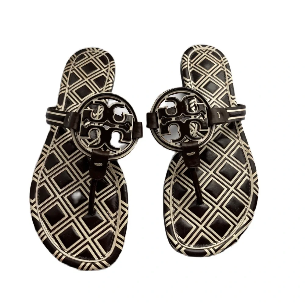 Tory Burch Brown & Ivory Geometric Miller Sandals Size 8
